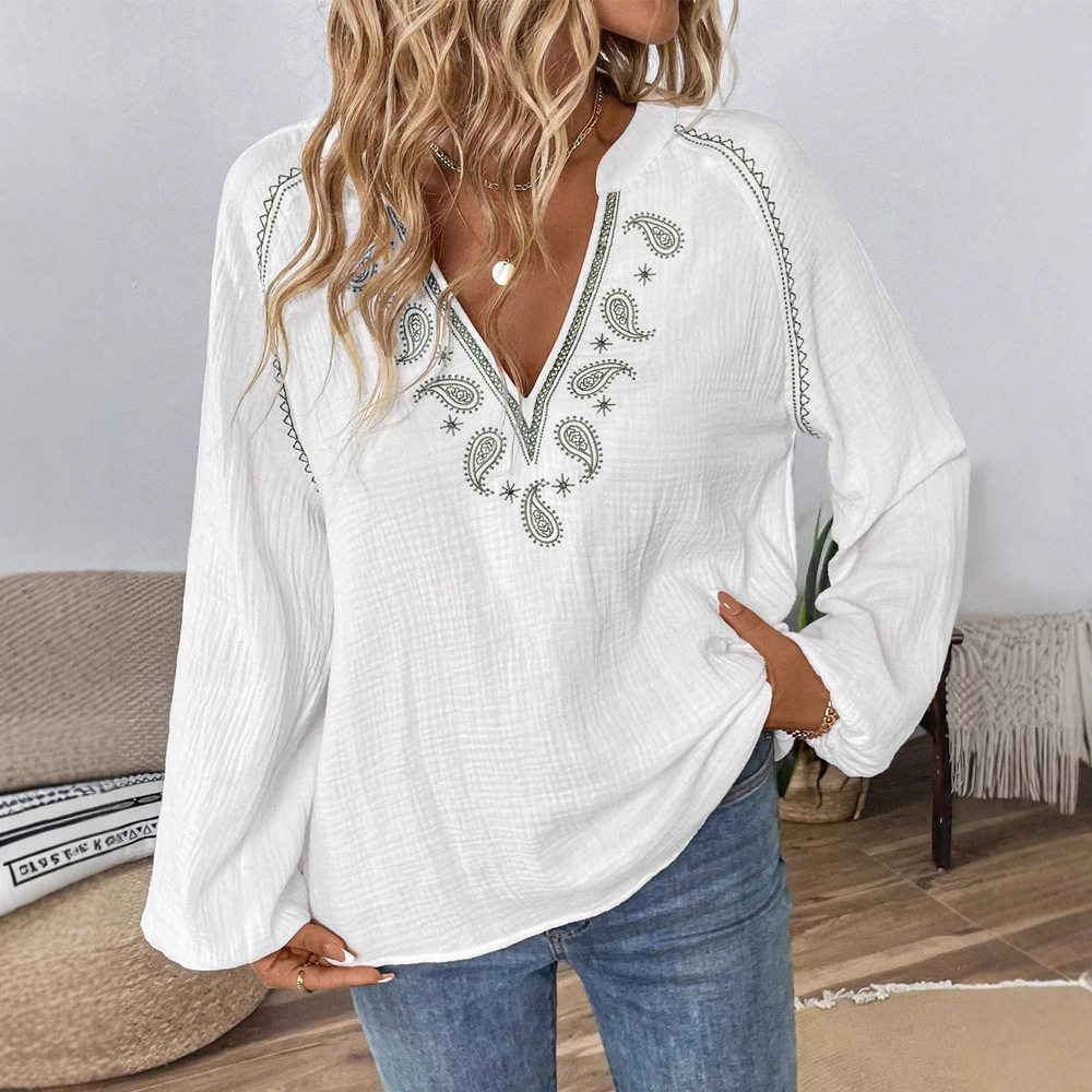 Loose Fit Womens Embroidered V Neck Long Sleeve Shirt in White for Summer Casual Wear in Multiple Sizes