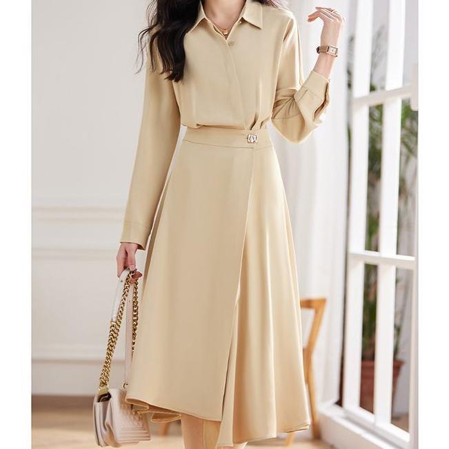 Solid Color Fashion Dress Simple Design Waist Cinching Slim Fit French Style Office and Commuting Wear OEM
