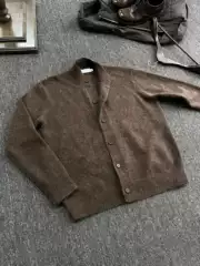 American Retro Coffee Brown Knitted Cardigan Jacket Men's New Autum Style Old Money Style Half Turtleneck Sweater