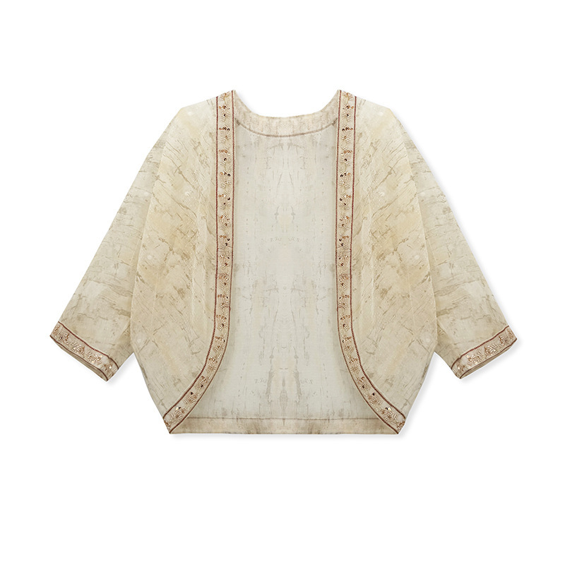 Set áo khoác cardigan thêu kèm đầm cổ yếm dài tay phối hoa — Áo khoác, Váy liền, Bộ