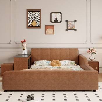 French Retro Leather Bed Removable and Washable Multifunctional Furniture with Guardrail Desk Integrated Double Bed Storage Floor Bed