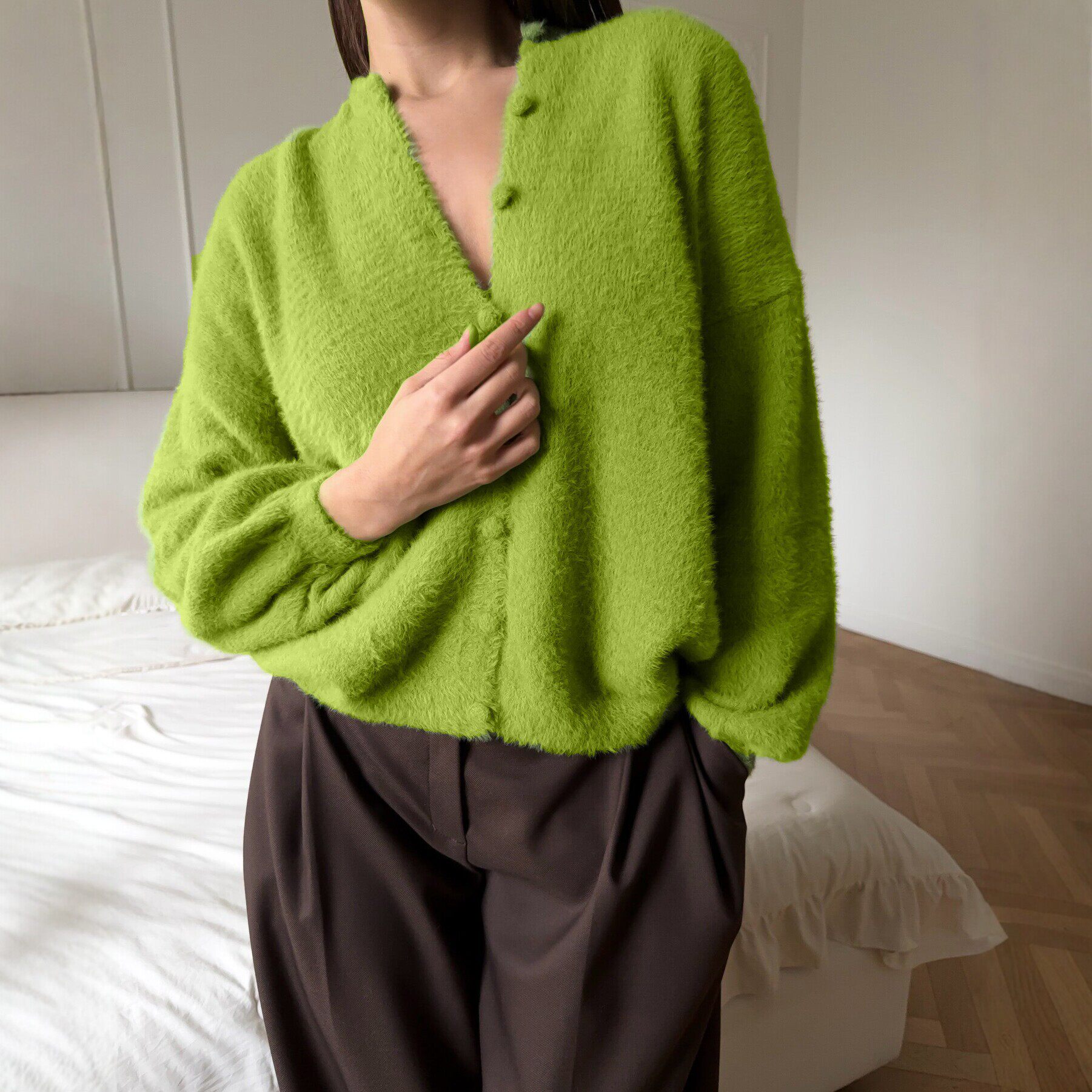 Womens Oversized Knit Cardigan Soft Faux Fur Round Neck Casual Style Versatile Sweater for Everyday Wear Wholesale