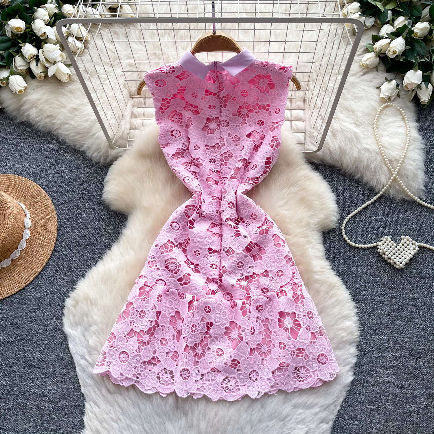 Pink Lace A Line Dress for Women Sleeveless Hollow Out Sweet French Style Elegant Evening Gown Wholesale Available