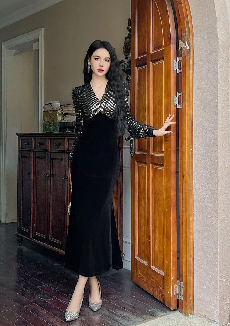 Đầm dài nhung phối sequin cổ chữ V dáng đuôi cá nữ — Xanh đá quý, Màu đen, Đỏ gỉ sắt