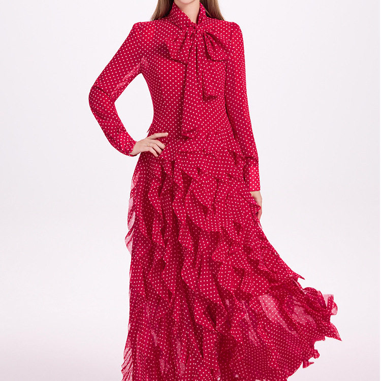 French Court Style Polka Dot Mermaid Maxi Dress Ruffled Hem Waist Defining Scarf Collar Elegant Evening Wear