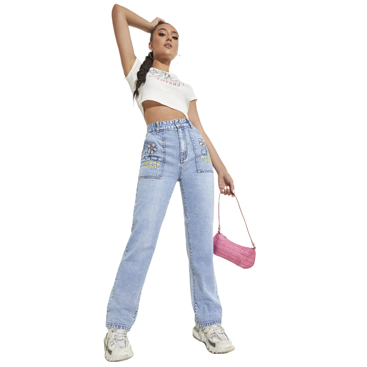 High Waisted Wide Leg Stretch Denim Pants Slim Fit Color Block Design Spring Fall Fashion Wholesale Available