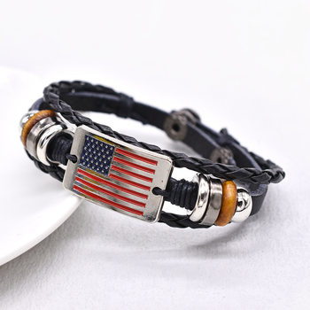 Retro American Flag Four-button Woven Leather Bracelet Red White Blue Flag Color Beaded Leather Bracelet Factory Outlet