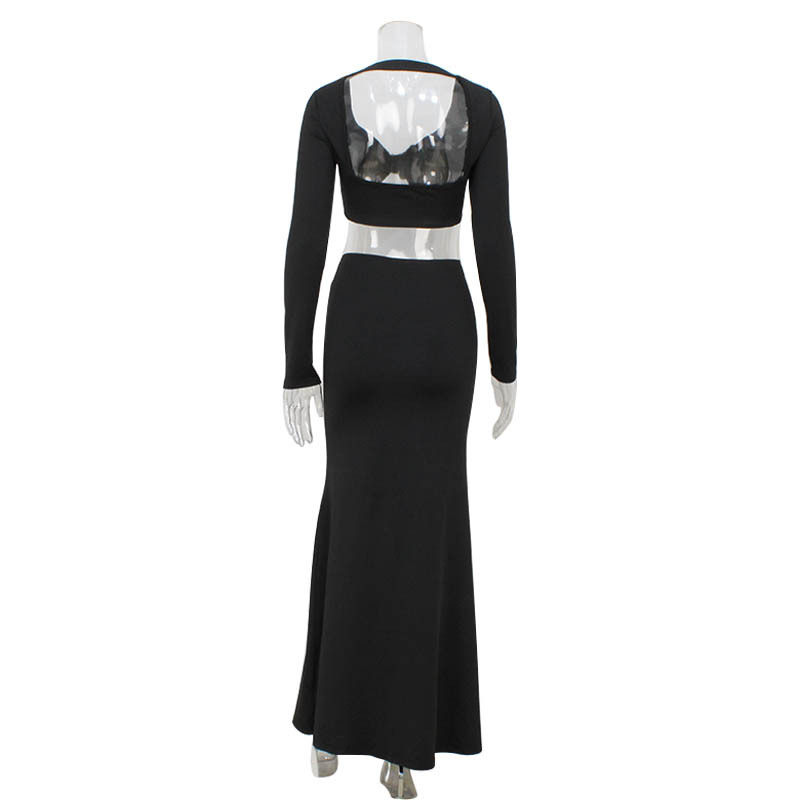 Elegant Womens Two Piece Set Sexy Hollow Out Crop Top and Skirt Metal Button Design Perfect for Red Carpet Events