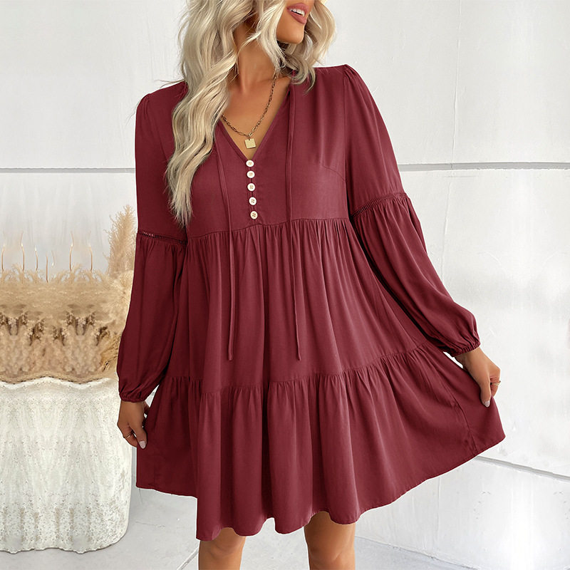Short Loose V Neck Dress Wrinkled Design Solid Color Minimalist Style Autumn Fashion Wholesale Available