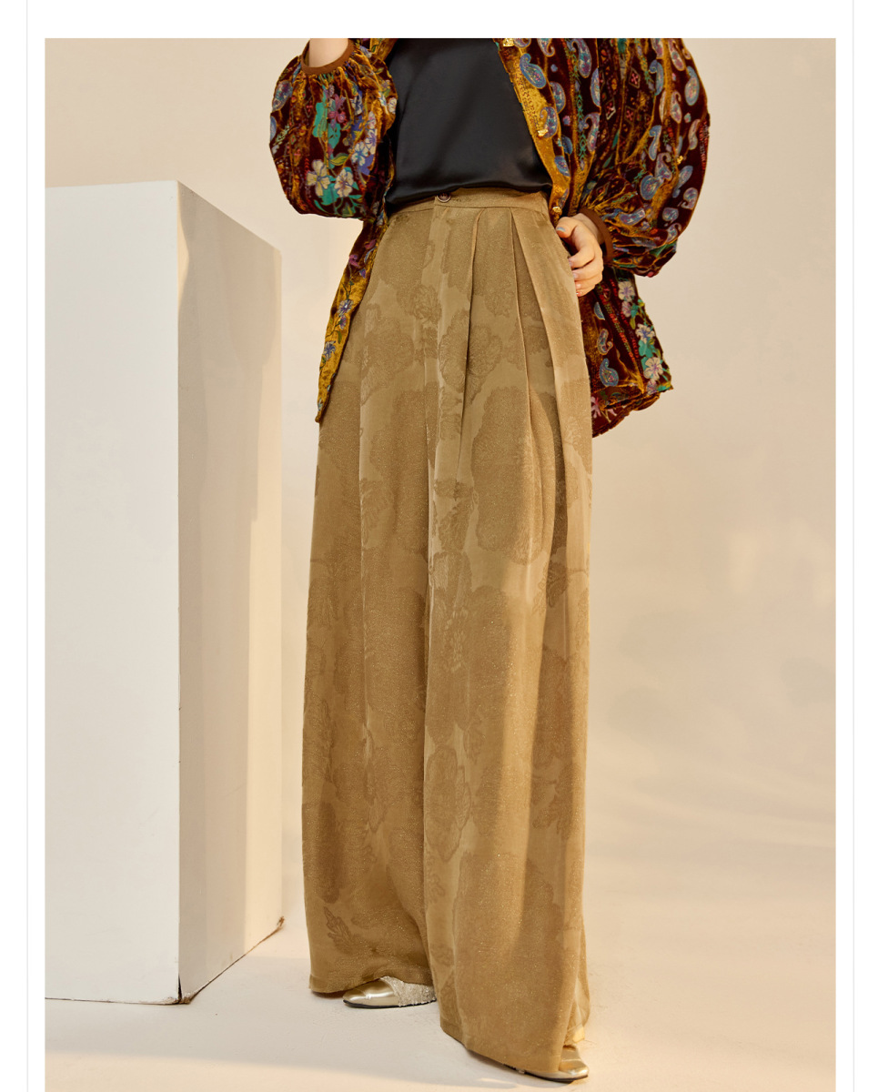 Quần dài ống rộng nữ họa tiết jacquard lụa tơ nhân tạo — Màu trắng nhạt, màu vàng