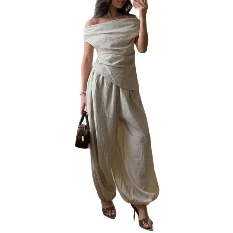 Womens Summer Two Piece Set Solid Color Asymmetrical Shoulder Casual Style Perfect for Work or Leisure Wholesale