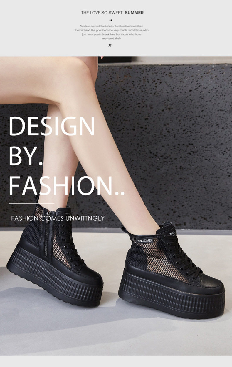 Giày sneaker nữ chunky đế dày trắng lưới thoáng mùa hè — Len tinh khiết, Đen chi tiết 10