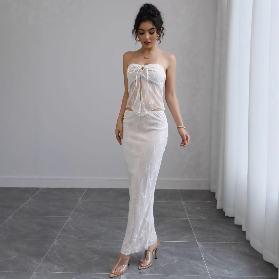 Lace Bustier and Midi Skirt Set High End Slim Fit Vacation Style Perfect for Summer Getaways Wholesale Available