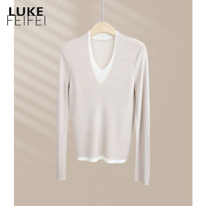 秋冬100%美丽诺羊毛假两件V领针织衫 撞色叠穿打底衫长袖套头上衣