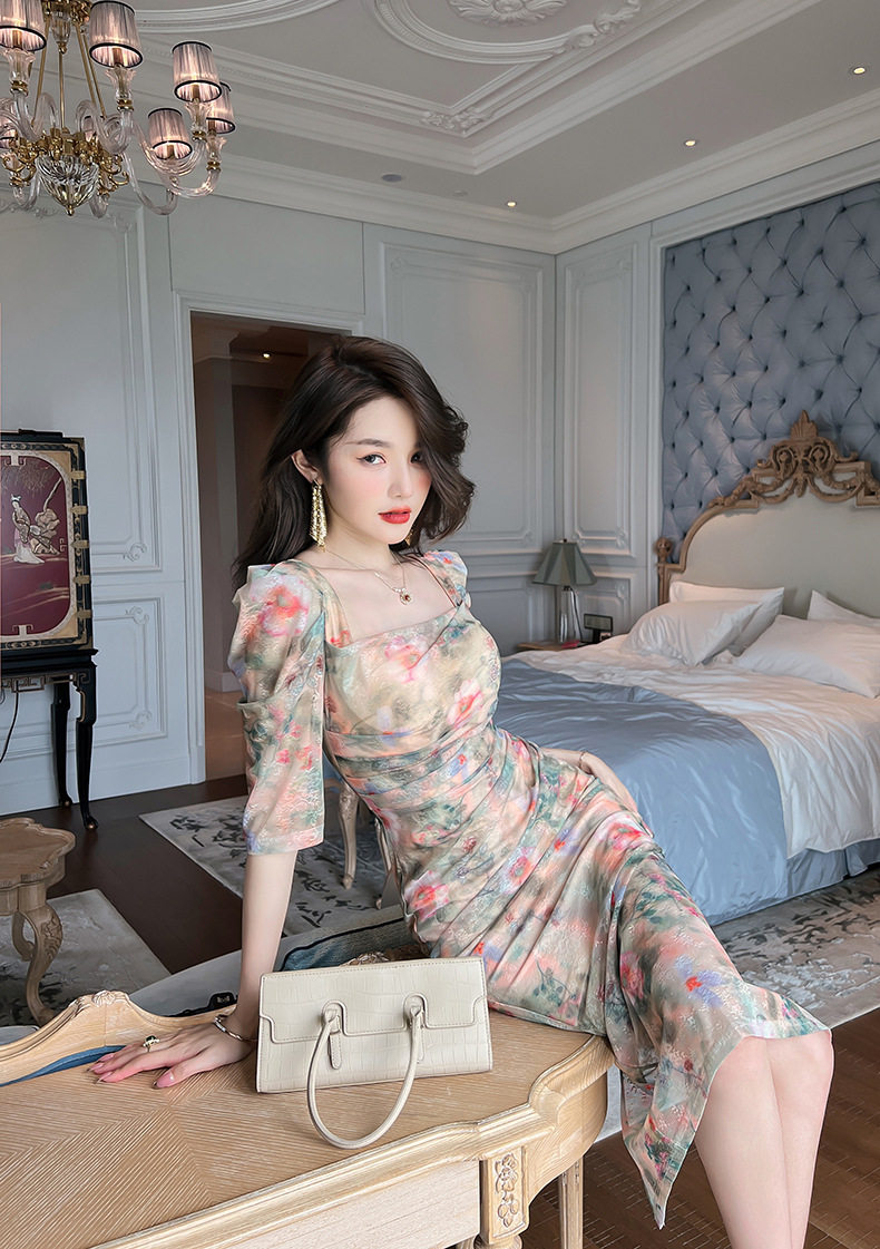 Đầm maxi nữ thắt eo cổ vuông họa tiết hoa retro Pháp — [Xanh lá] chi tiết 13