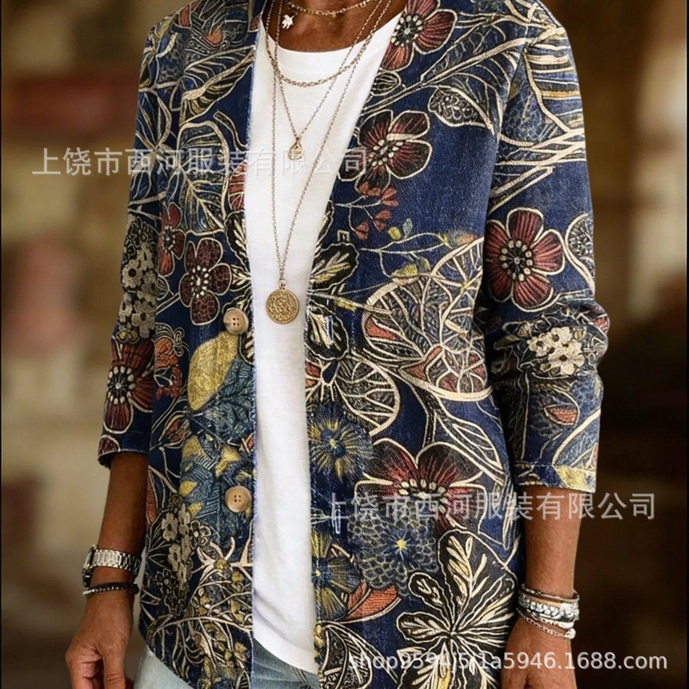 新款跨境独立站2026春季女装花卉印花V领休闲女装衬衫上衣复古