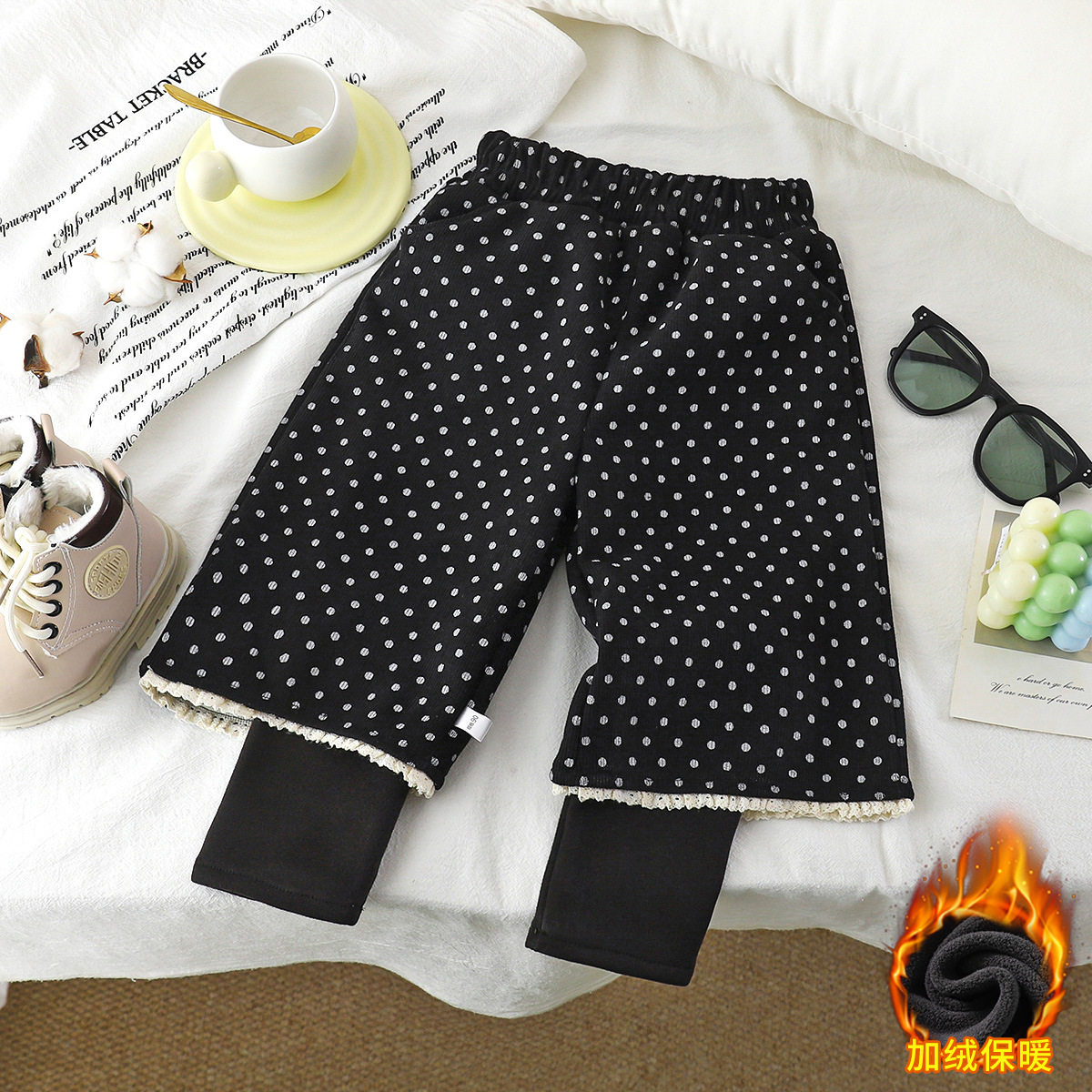 Girls' Stylish Forest Style Fleece-Lined Thickened Floral Polka Dot Fake Two-Piece Pants, New Winter Double-Layer Thickened Trousers