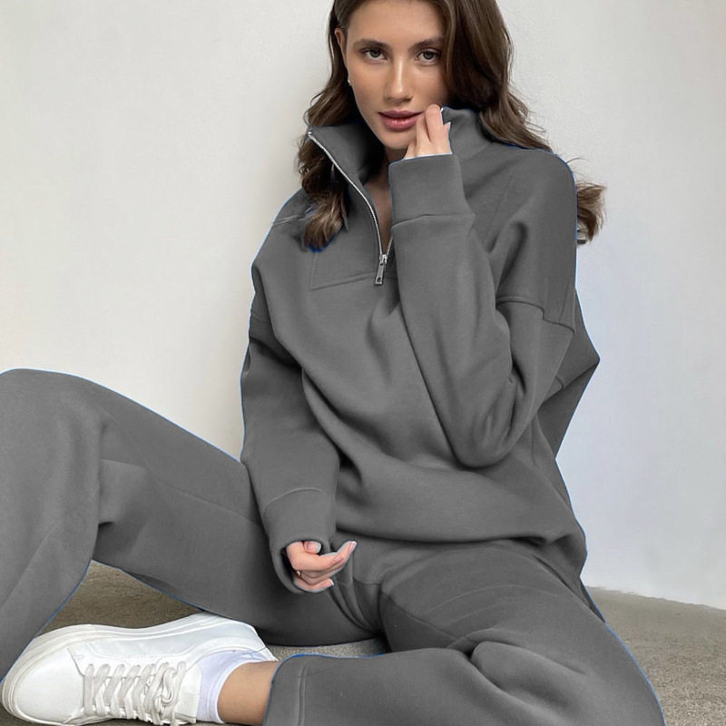 Womens Casual Solid Color Cotton Hoodie Set Zipper Fleece Lined Loose Fit Ideal for Sports and Everyday Wear