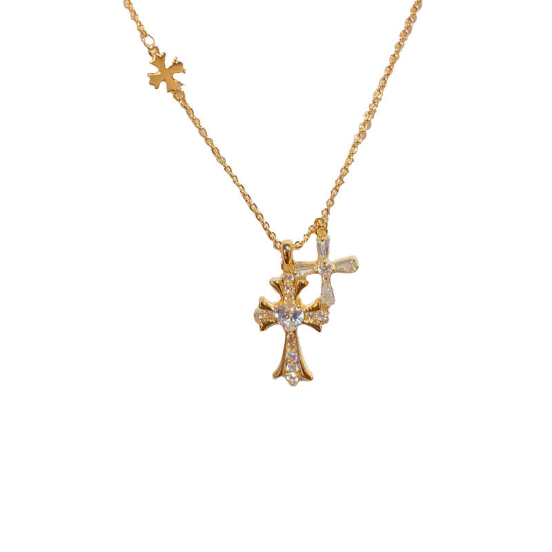 Korean Style Exquisite Elegant Fashion Zircon Double Cross Pendant Necklace Distinctive Light Luxury All-match High-end Clavicle Chain