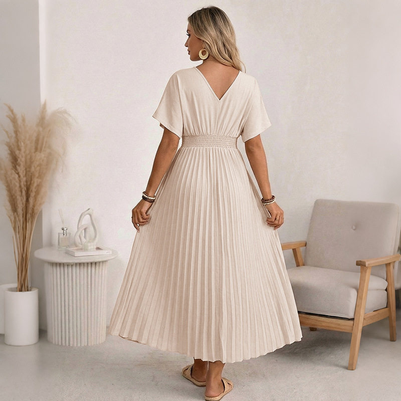 Casual Solid Color V Neck Pleated Maxi Dress Elegant Design Comfortable Fit Versatile Style Wholesale Available