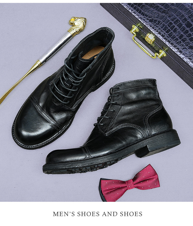 Giày boot nam da ngựa cổ cao mũi tròn đế khâu Goodyear thủ công — Màu đen, Màu cà phê