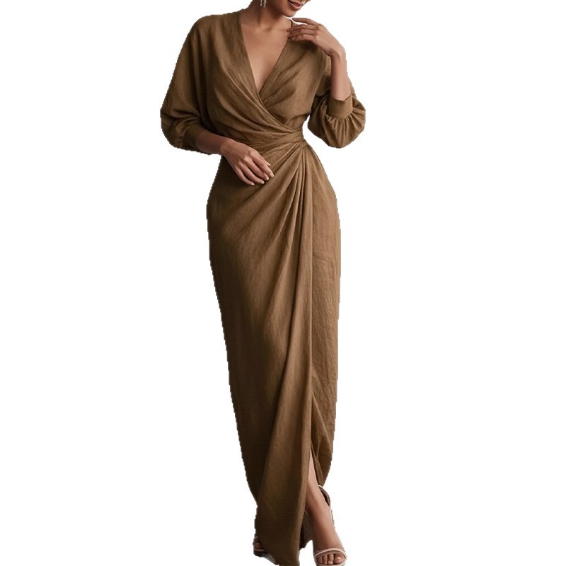 Womens Spring V Neck Long Dress Elegant Solid Color Waist Defining Fashionable Perfect for Casual or Formal