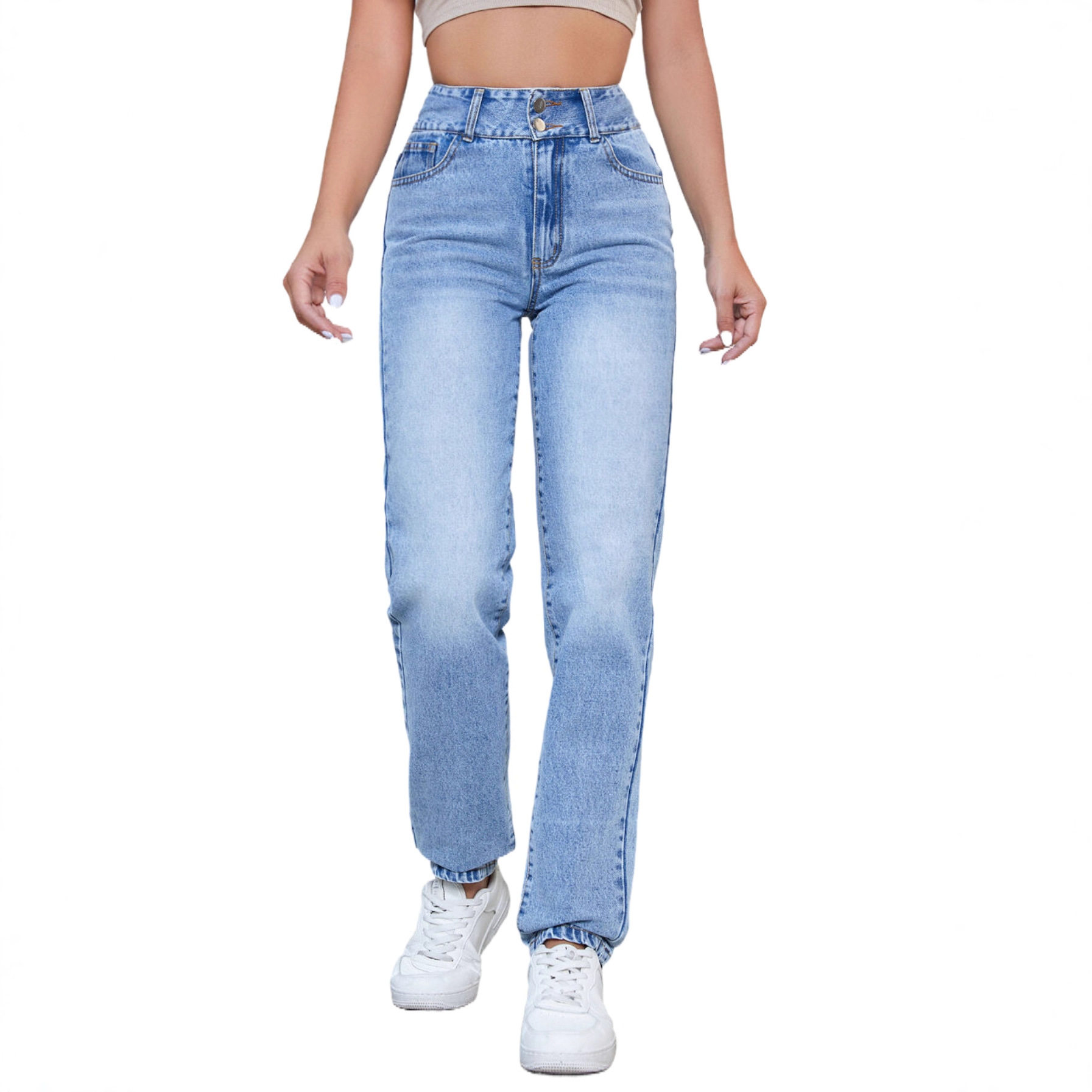High Waisted Slim Fit Jeans Straight Leg Comfortable Stretch Fabric Flattering Design Casual Wear Ready to Ship