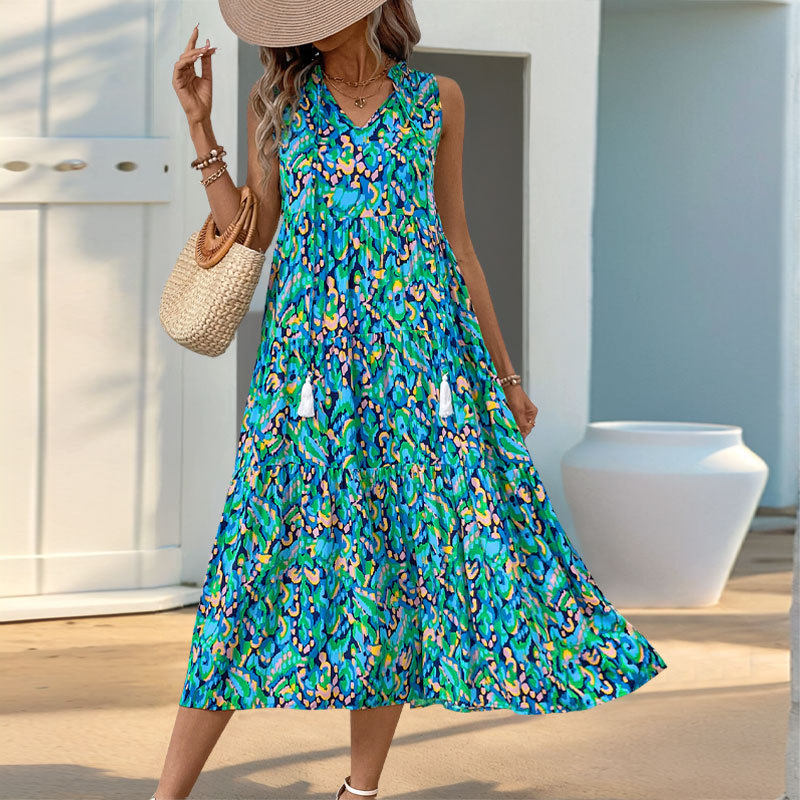 Abstract Print Midi Dress Summer Style Beach Vacation Ready Comfortable Fabric Trendy Design Wholesale Available