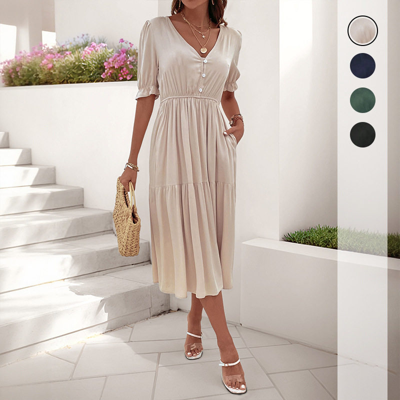 Casual Puff Sleeve V Neck Dress Simple Design Wrinkled Fabric Solid Color Perfect for Office Wear Wholesale