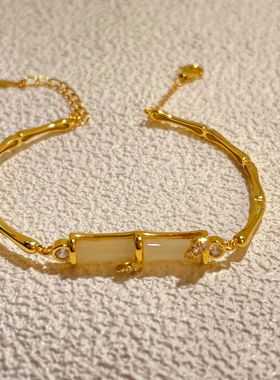 s925纯银镀黄金色新款天然和田玉有你竹够手链新中式半镯女手饰品