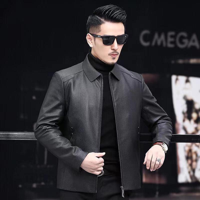 Áo khoác da bò thật nam dáng ngắn cổ lật phong cách lịch lãm — Màu đen