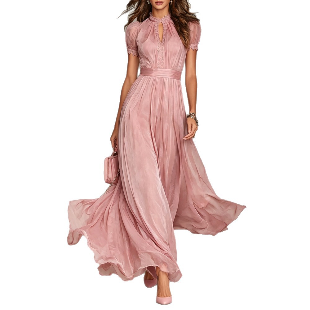 V Neck Ruffled Hem Casual Dress Waist Defined Flowy Silhouette Autumn Style Wholesale Available