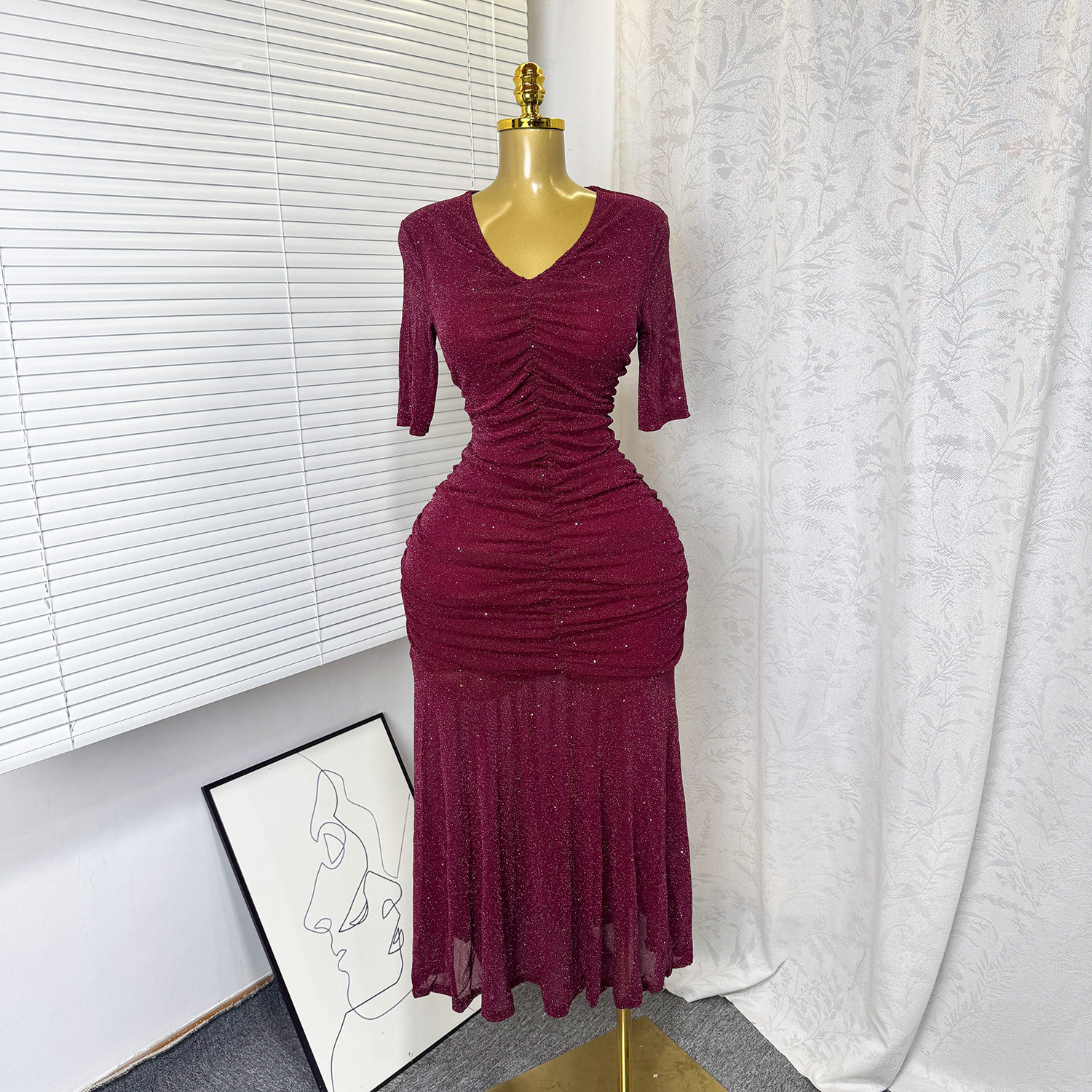 Elegant Womens Summer Dress Stretchy Mesh Pleated V Neck High Waist Slim Fit Perfect for Formal Occasions
