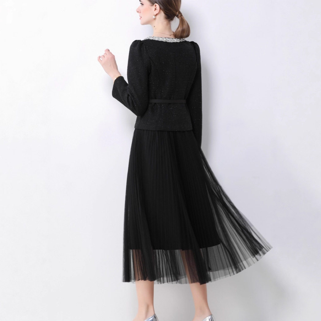 Chic Womens Suit Jacket Beaded Round Neck Waist Cinched Design High Waisted Tulle Pleated Skirt Elegant French Style
