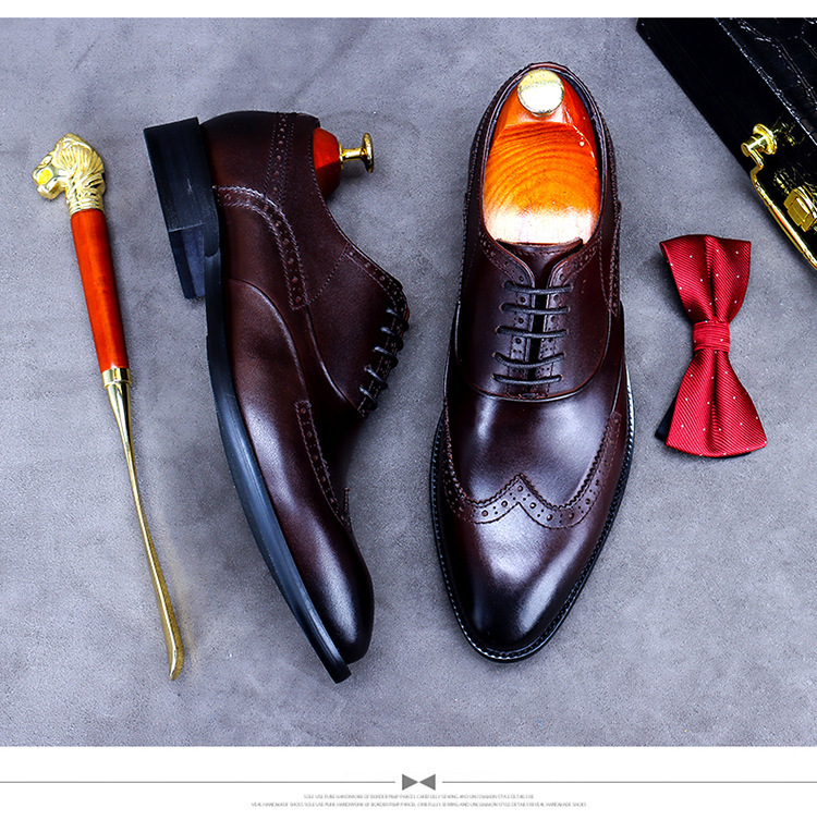 Giày da nam derby mũi tròn chạm khắc brogue cổ thấp buộc dây — Màu nâu, Màu đen, Màu đỏ rượu, Màu cà phê