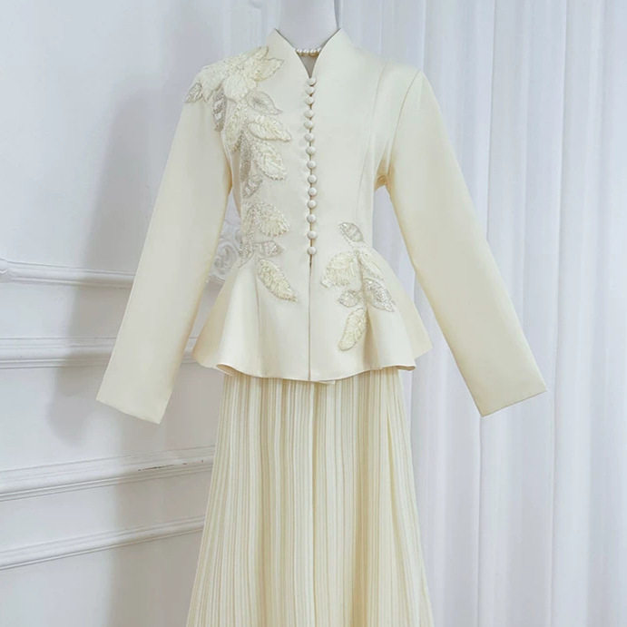 French Style V Neck Embroidered Jacket with High Waisted Pleated Skirt Elegant Lightweight Luxury Two Piece Set for Autumn