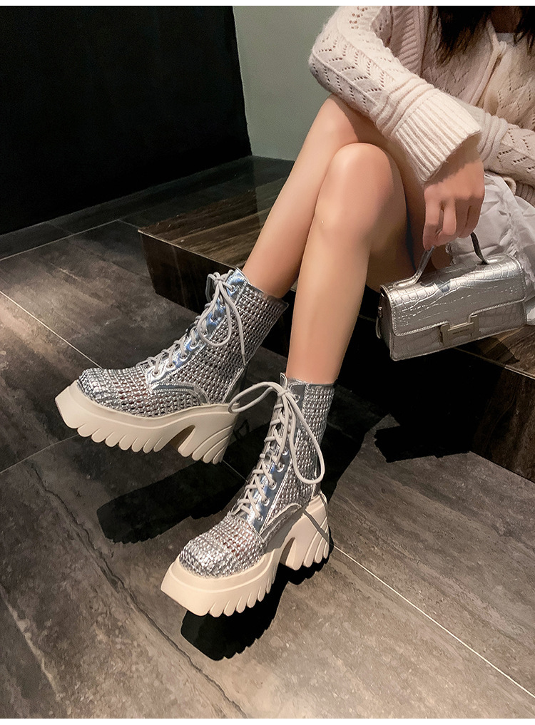 Boot nữ cổ thấp khoét lỗ thoáng khí đế dày tôn dáng gót thô — Màu bạc, màu đen, Màu trắng ngà