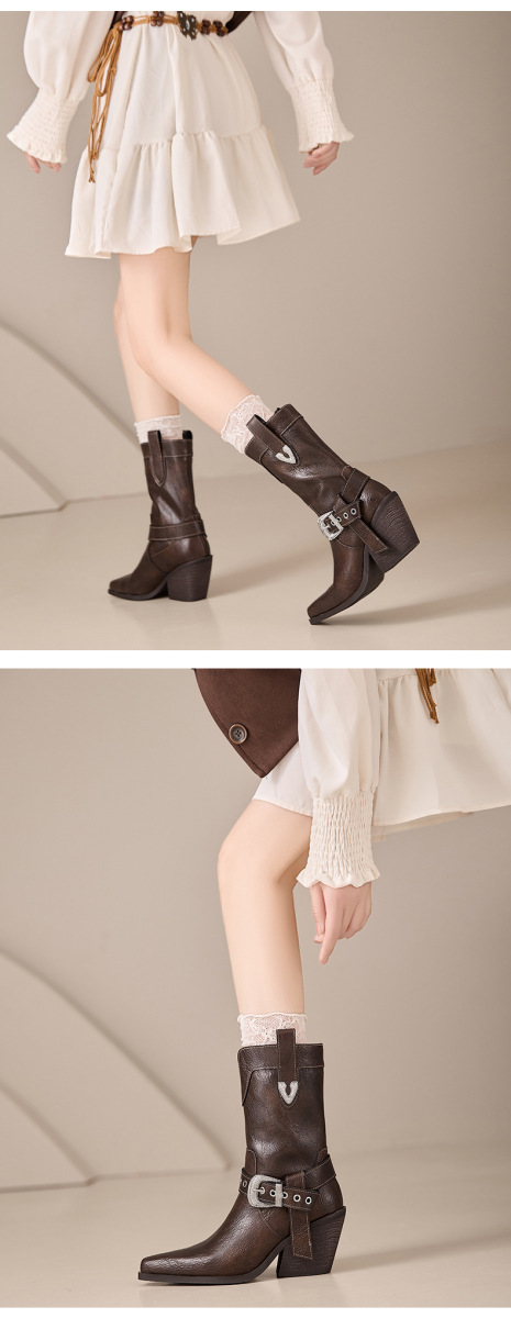 Boot nữ cổ thấp da bò gót xuồng mũi nhọn khóa thắt lưng — Lớp lót đơn màu đen, Lớp lót đơn màu nâu, Lót nhung đen, Lót nhung màu nâu