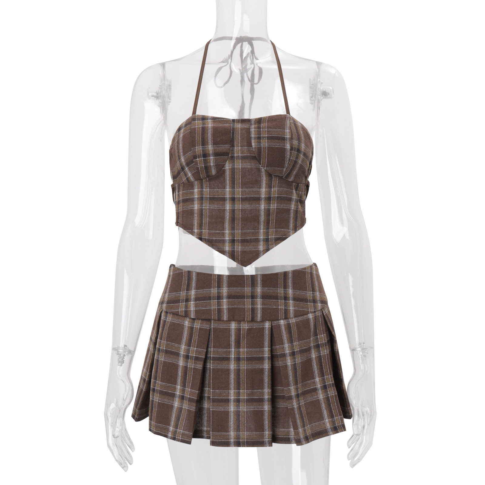 Vintage Striped Plaid Halter Top and Low Waist Pleated Skirt Set Spring Collection Womens Fashion Wholesale Available