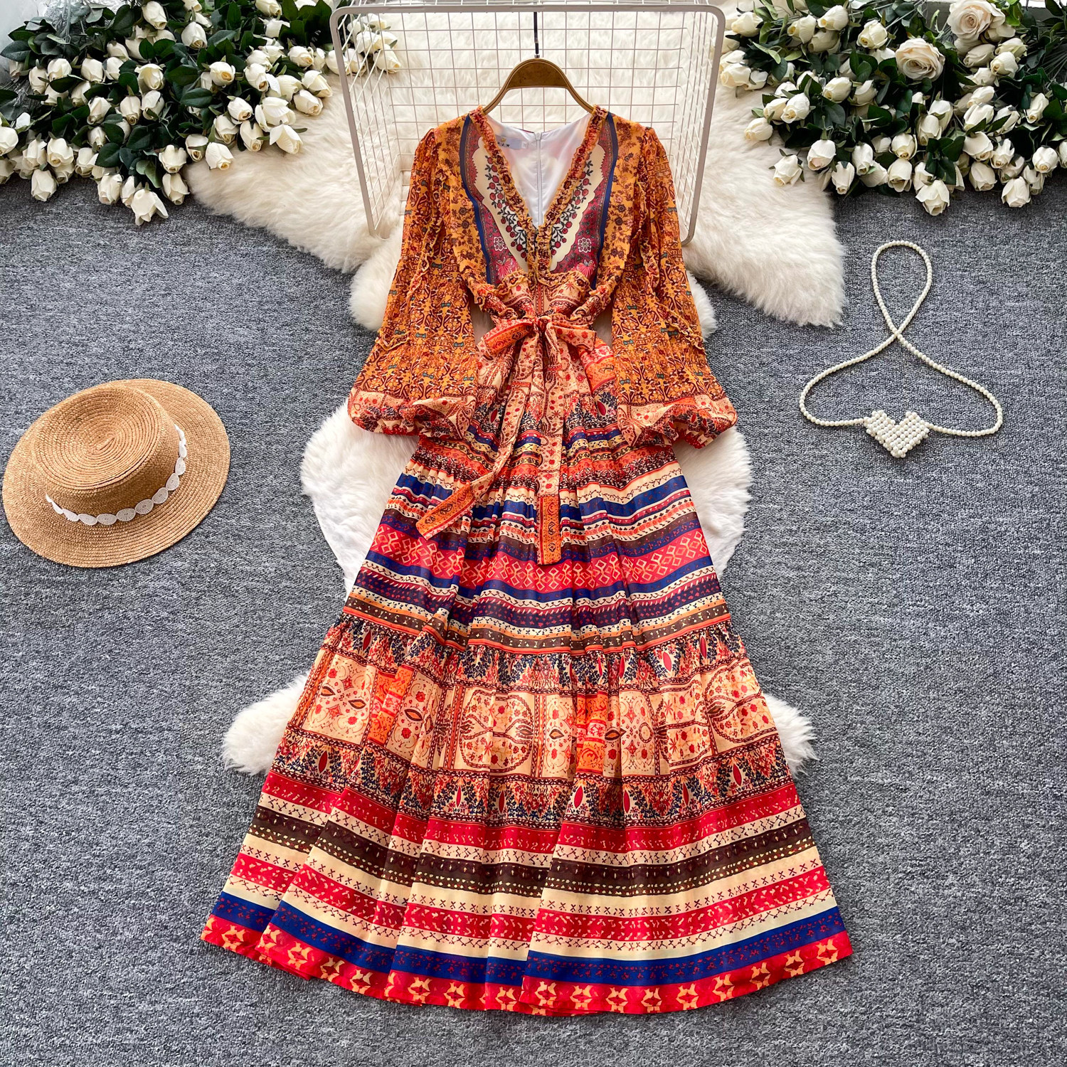 Bohemian Floral Maxi Dress for Women V Neck Long Sleeve Waist Tie A Line Silhouette Elegant Vacation Style