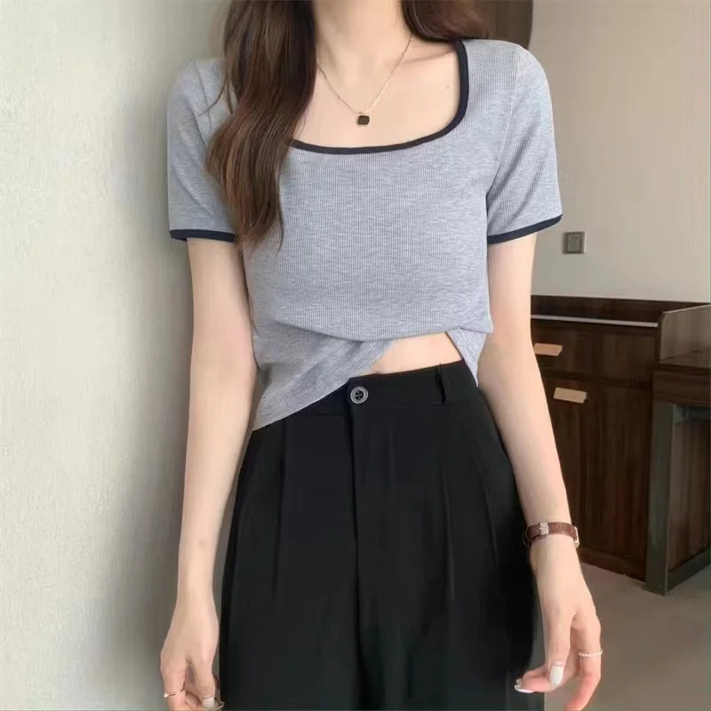 Plus Size Womens Short Sleeve T Shirt Square Neck Slimming Fit Comfortable Fabric Spring and Autumn Layering