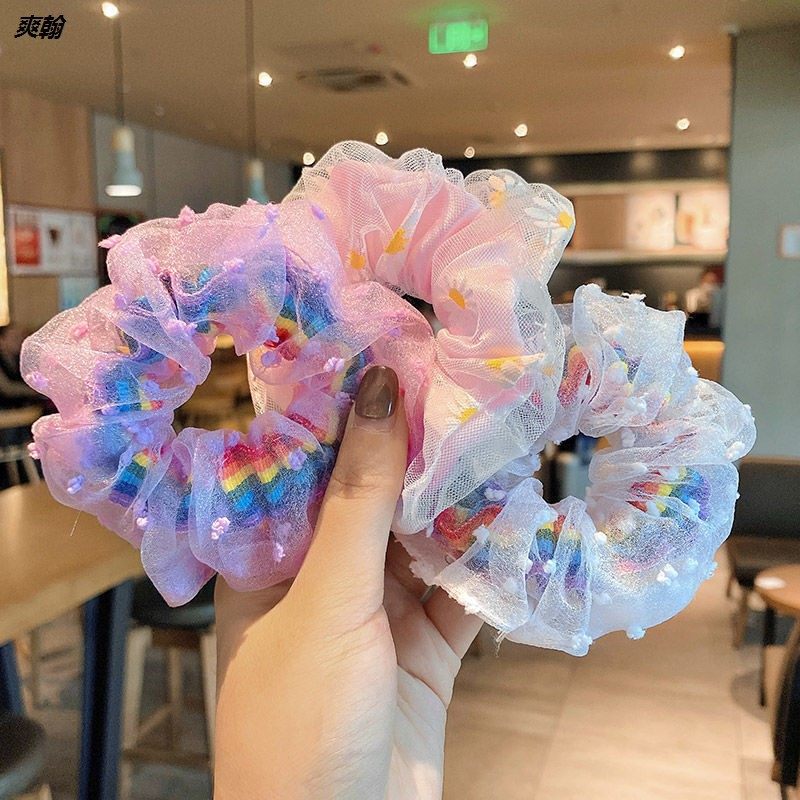 Rainbow Bowel Hair Ring Children's Leather Band ins Ring College Style Head Rope Fairy Qi Fat Intestines Retro Women's French Style Ball Head