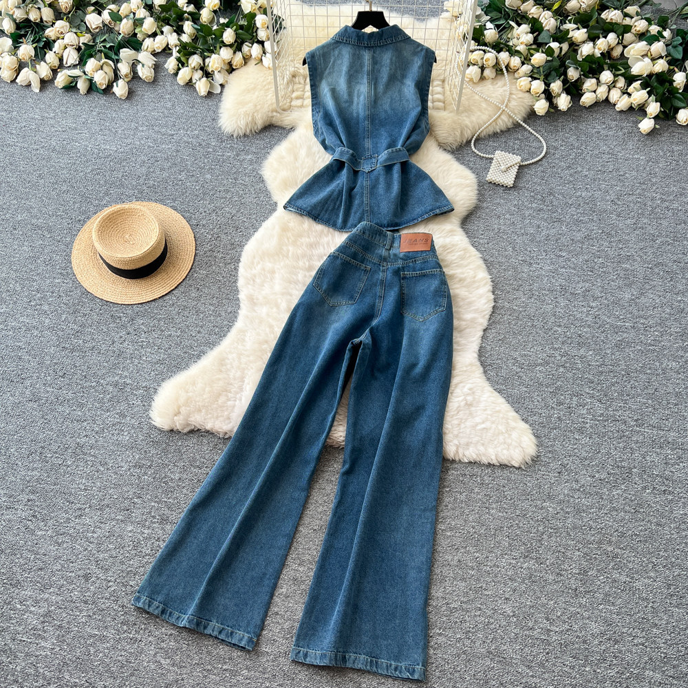 Summer Womens Denim Two Piece Set Sleeveless Slim Fit Top High Waisted Pants Casual Chic Style Wholesale Available
