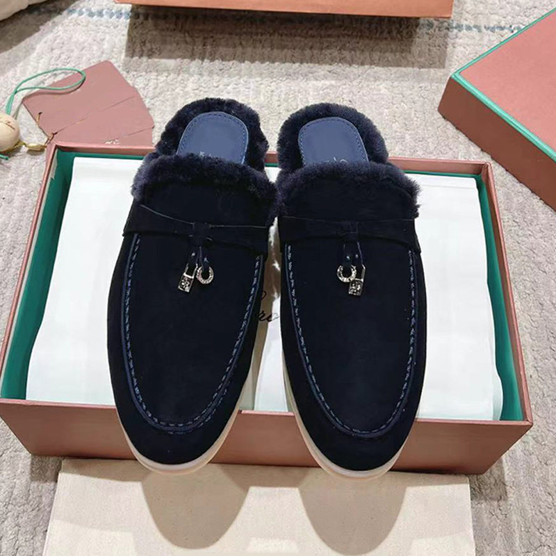 High-End Italian Loafers for Autumn and Winter, Fleece-Lined, Closed-Toe, Wool Slip-On Shoes, Flat Half-Slipper, Furry Slippers for Couples