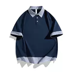 Retro Patchwork Plaid Polo Neck T-Shirt Men's Summer Streetwear Versatile Short Sleeve Loose Casual Fake Two-Piece Top