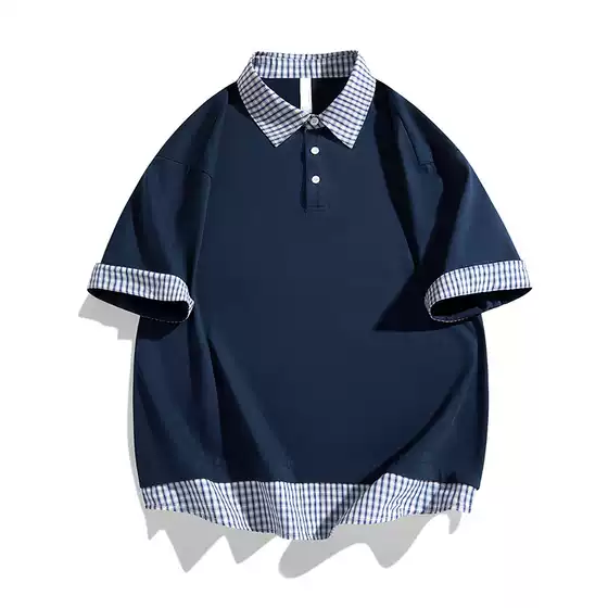 Retro Patchwork Plaid Polo Neck T-Shirt Men's Summer Streetwear Versatile Short Sleeve Loose Casual Fake Two-Piece Top