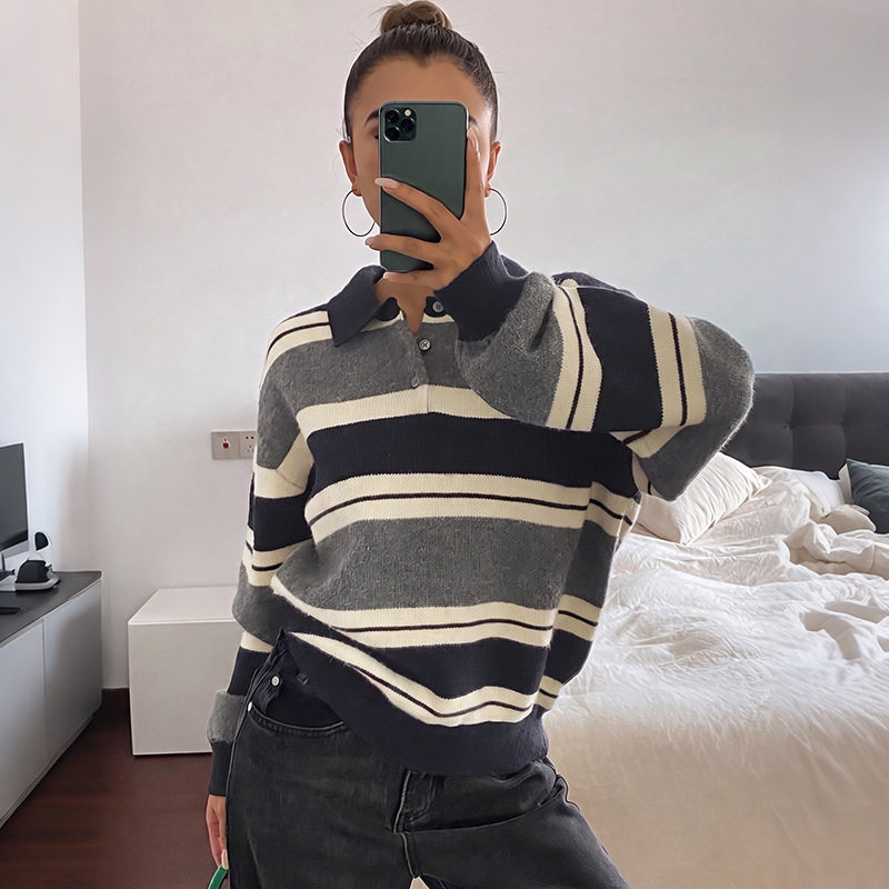 Korean Style Loose Striped Knit Sweater for Women Soft Fabric Elegant Collar Cozy Fit Perfect for Fall and Winter