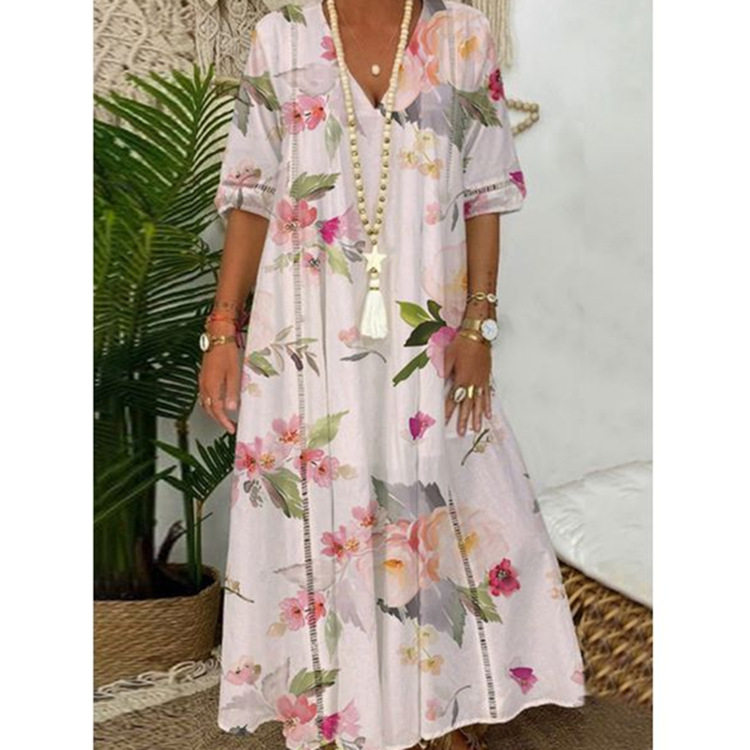 Summer Womens Long Dress Floral Print Lace Trim Elegant Style Perfect for Casual Outings Wholesale Available