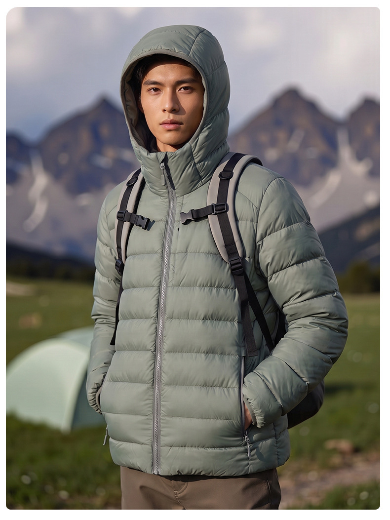 Áo khoác lông vũ lông ngỗng có mũ nam dáng nhẹ sang trọng giữ ấm mùa đông — màu đen, Mây rêu xanh, Xám hoang dã, Kaki ấm áp