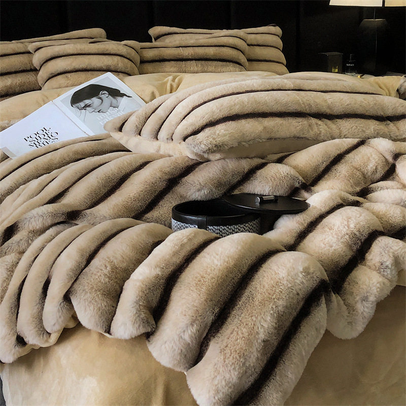 Four-piece set autumn and winter high-end feeling thickened milk velvet rabbit plush type a bed hat 4-piece set Nantong fleece-lined set